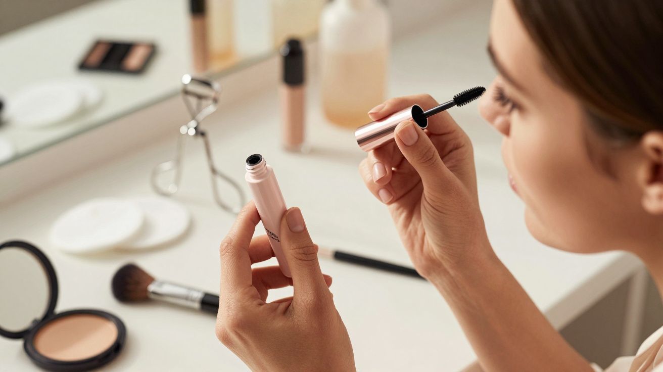 Femeie aplicând rimel, cu instrumente de machiaj pe masă, inclusiv pensule și pudră.