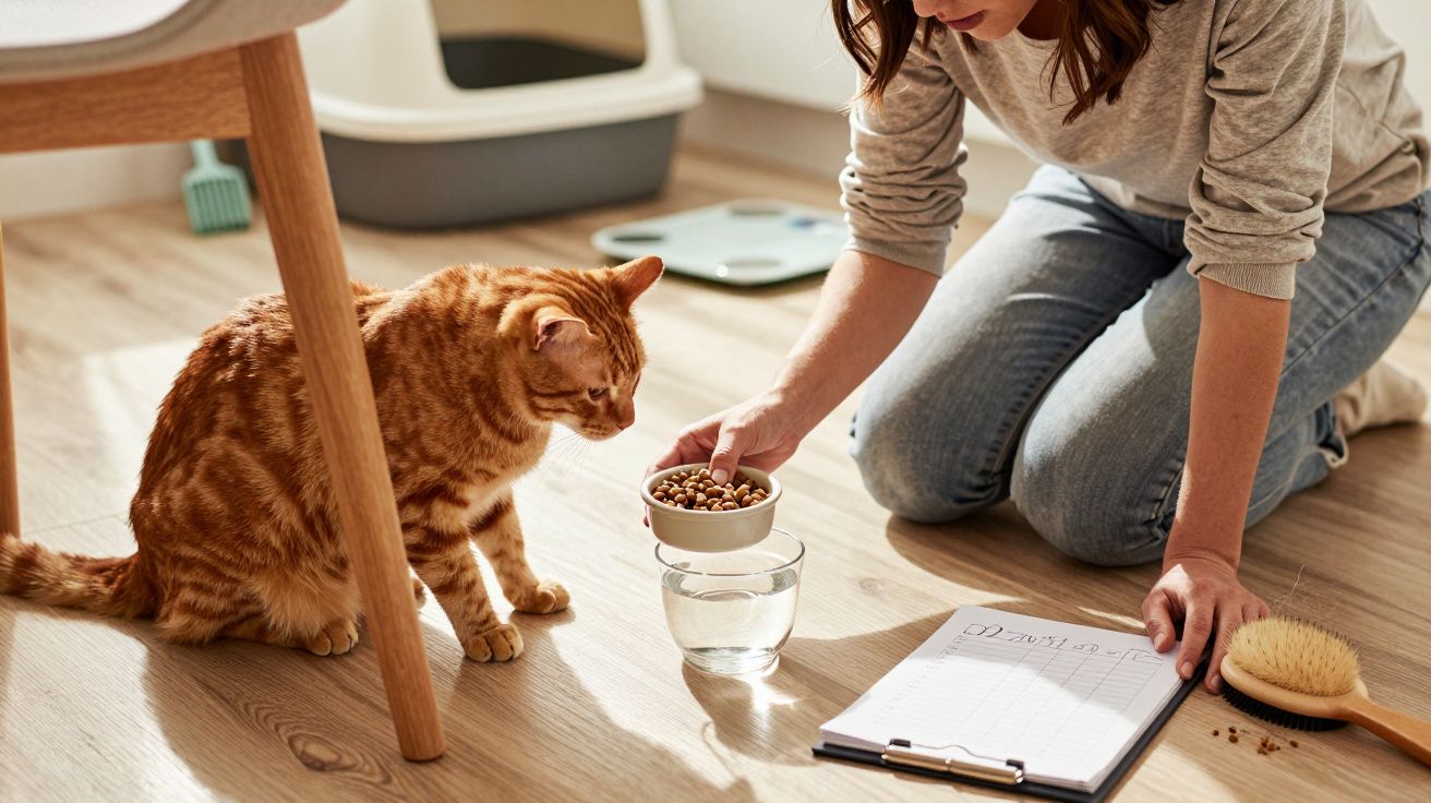 Femeie hrănește o pisică portocalie în camera de zi, lângă o farfurie cu apă și un clipboard pe podea.