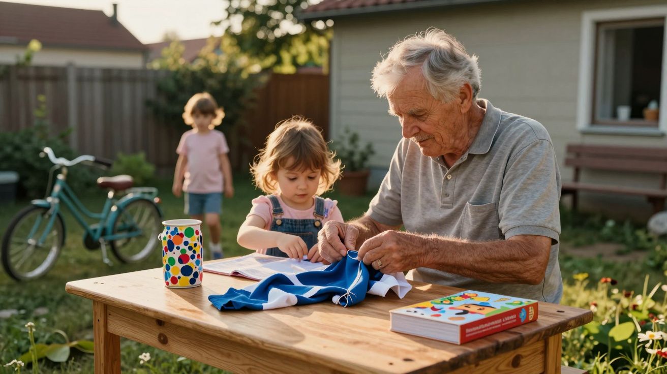 Bătrân și copil la masă în grădină, cusând o pânză albastră. În fundal, bicicletă și copil.