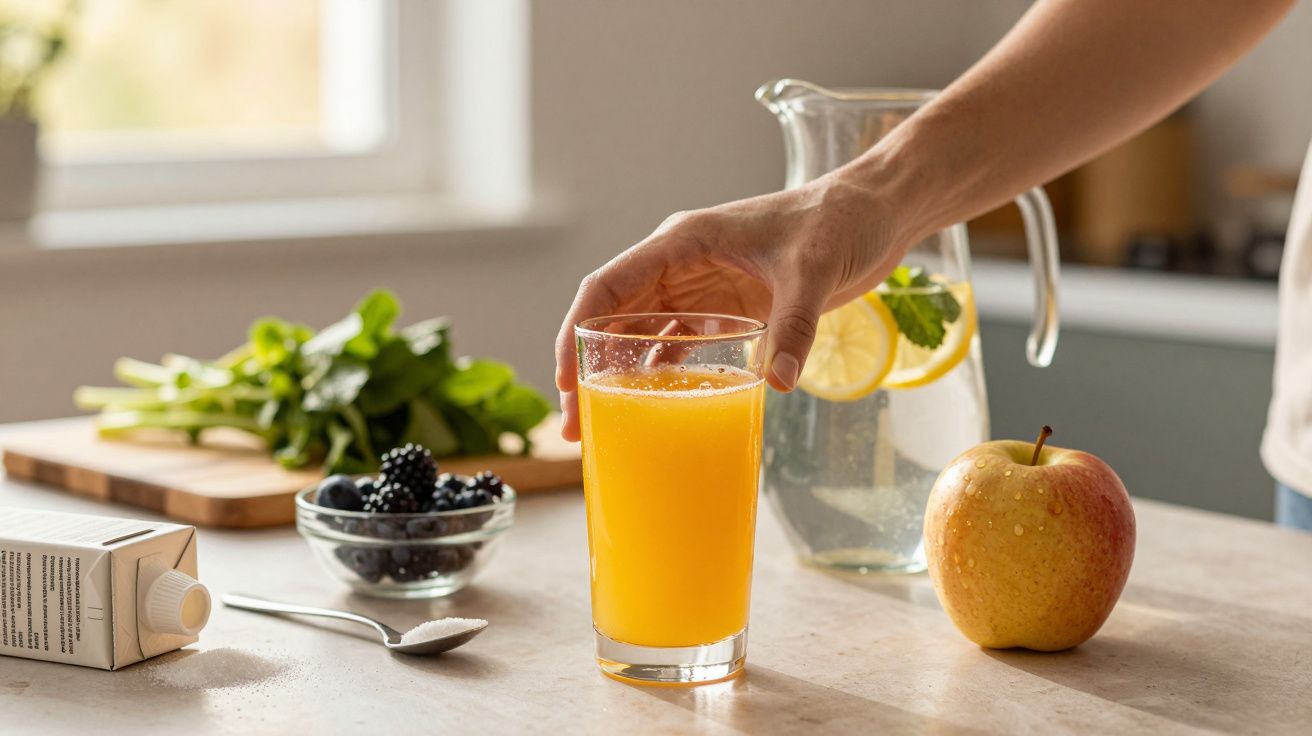 Mână ținând un pahar cu suc de portocale, lângă un măr, apă cu lămâie și ingrediente proaspete pe masă.