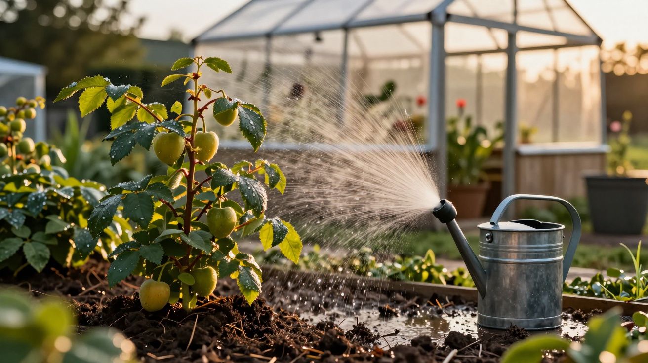 Udare plantă de roșii în grădină, cu o seră în fundal sub lumina apusului.