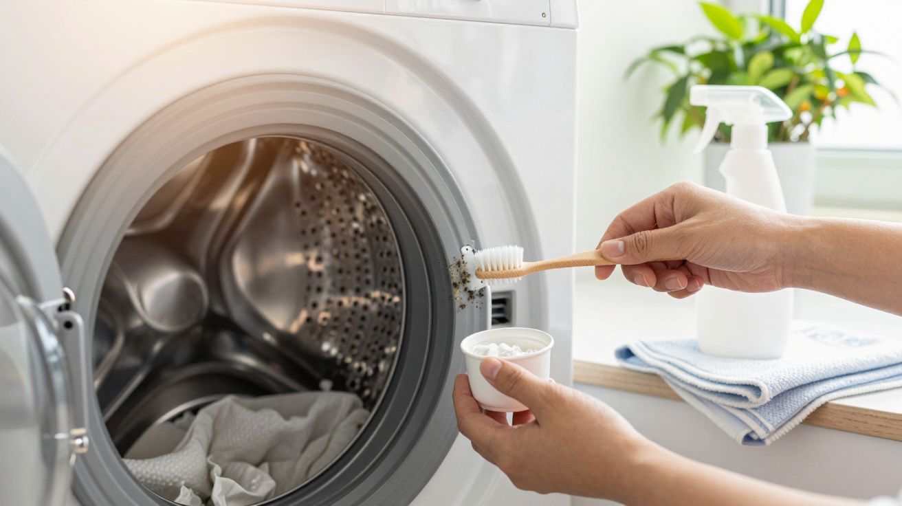 Curățarea garniturii mașinii de spălat cu periuța de dinți și bicarbonat de sodiu.