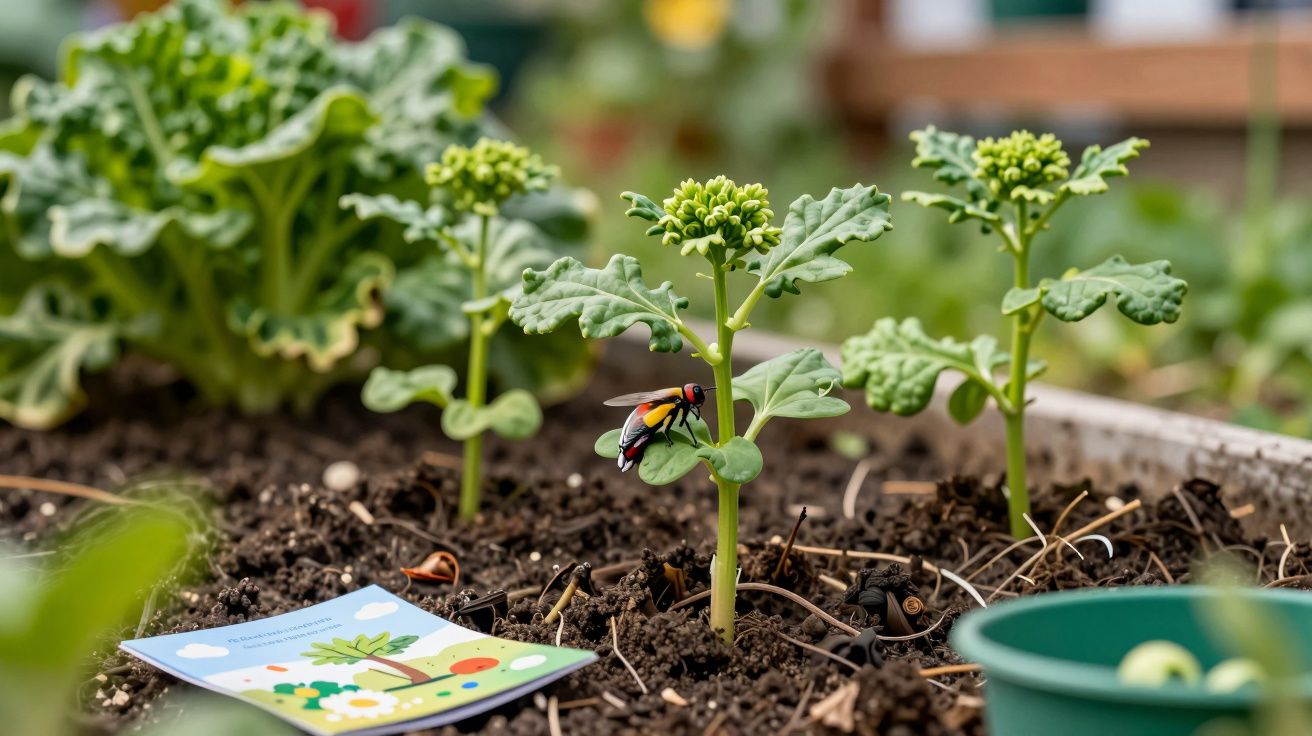 Plante tinere cu flori galbene în grădină, cu o insectă colorată pe o frunză și un plic de semințe pe sol.