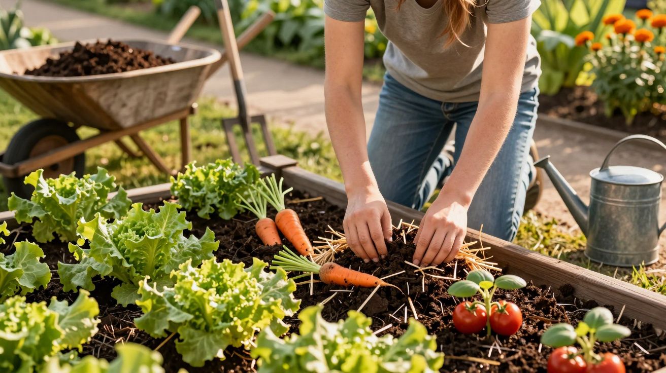 Persoană recoltând morcovi dintr-o grădină cu salată verde și roșii; roabă și stropitoare în fundal.