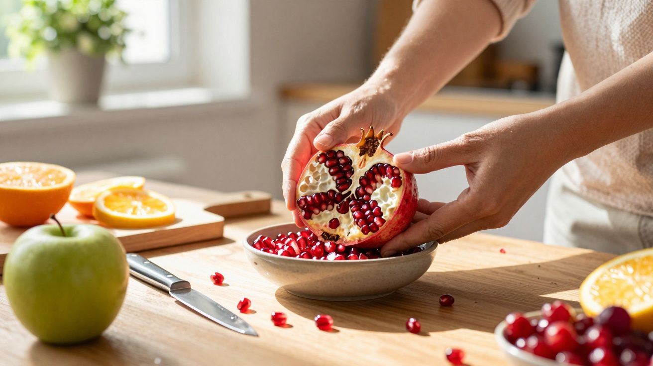 Persoană decojind o rodie deasupra unui bol, pe o masă cu fructe și un cuțit.
