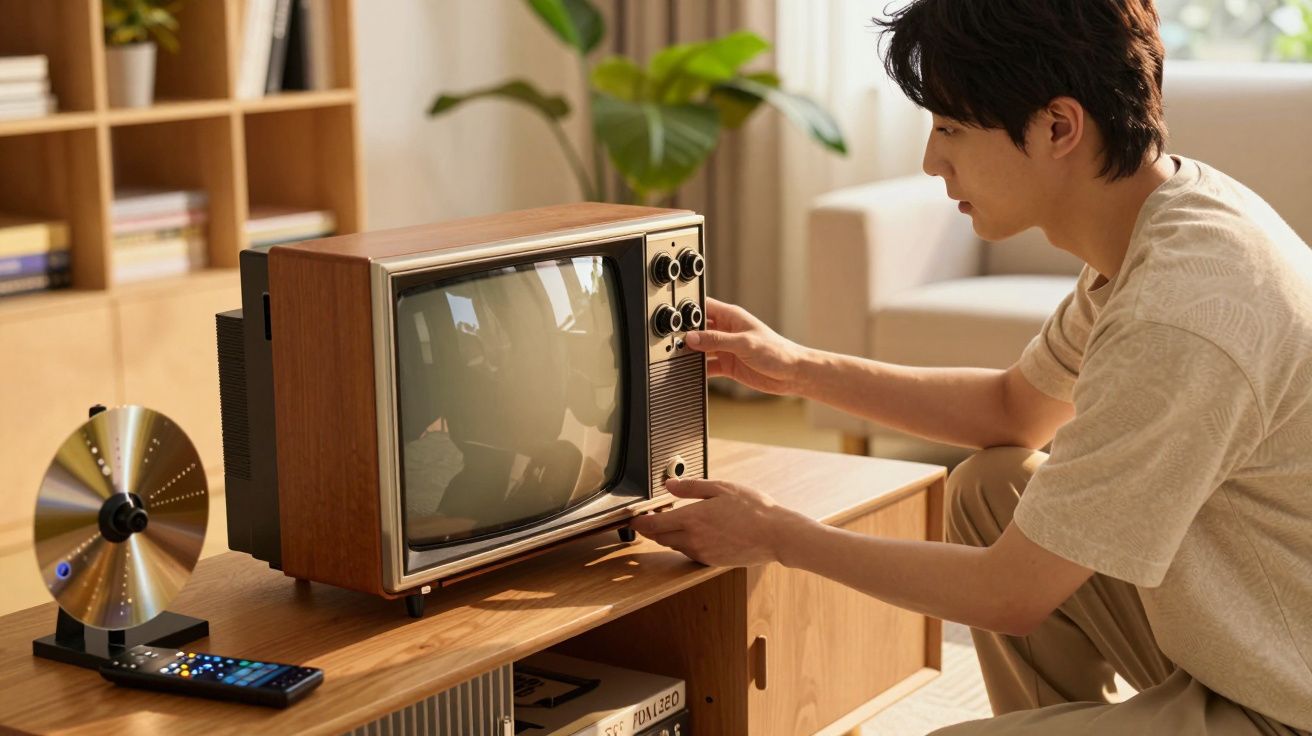 Bărbat ajustând un televizor retro pe o măsuță de cafea, cu un disc optic și telecomandă alături.