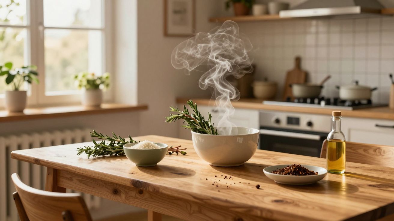 Bucătărie luminoasă cu masă din lemn, bol cu aburi, ulei, verdeață și condimente, în fundal mobilier modern.
