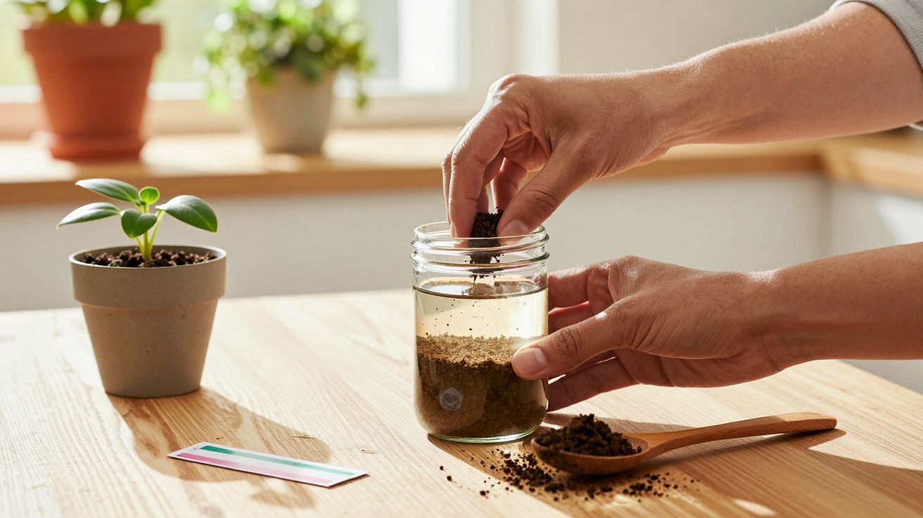 Mâini amestecând sol cu apă într-un borcan pe masă de lemn, lângă o plantă în ghiveci.