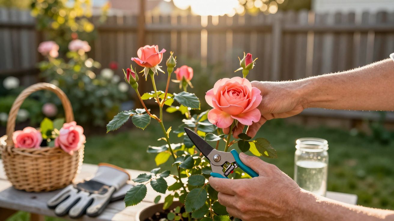 Grădinărit cu foarfece de tuns trandafiri roz într-o grădină, cu un coș și mănuși pe masă.
