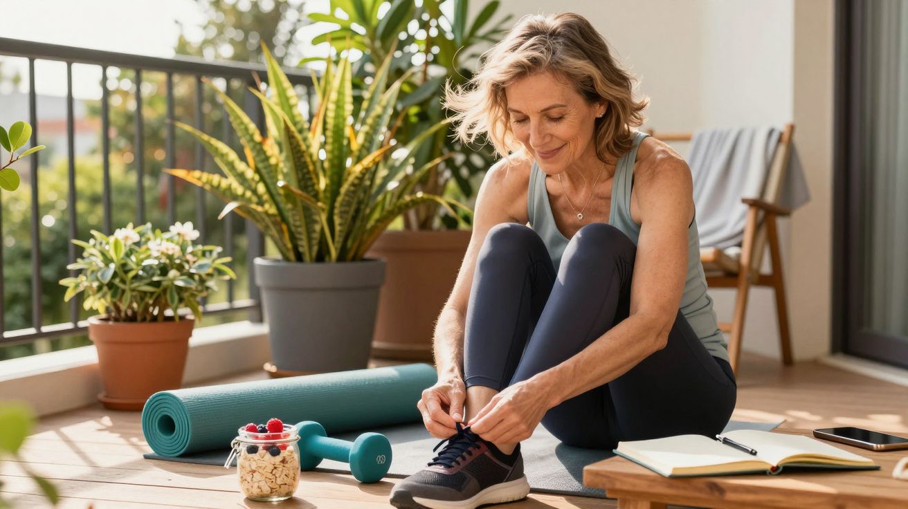 Femeie matură pe terasă, pregătindu-se de antrenament, cu covor de yoga, gantere și o carte deschisă alături.
