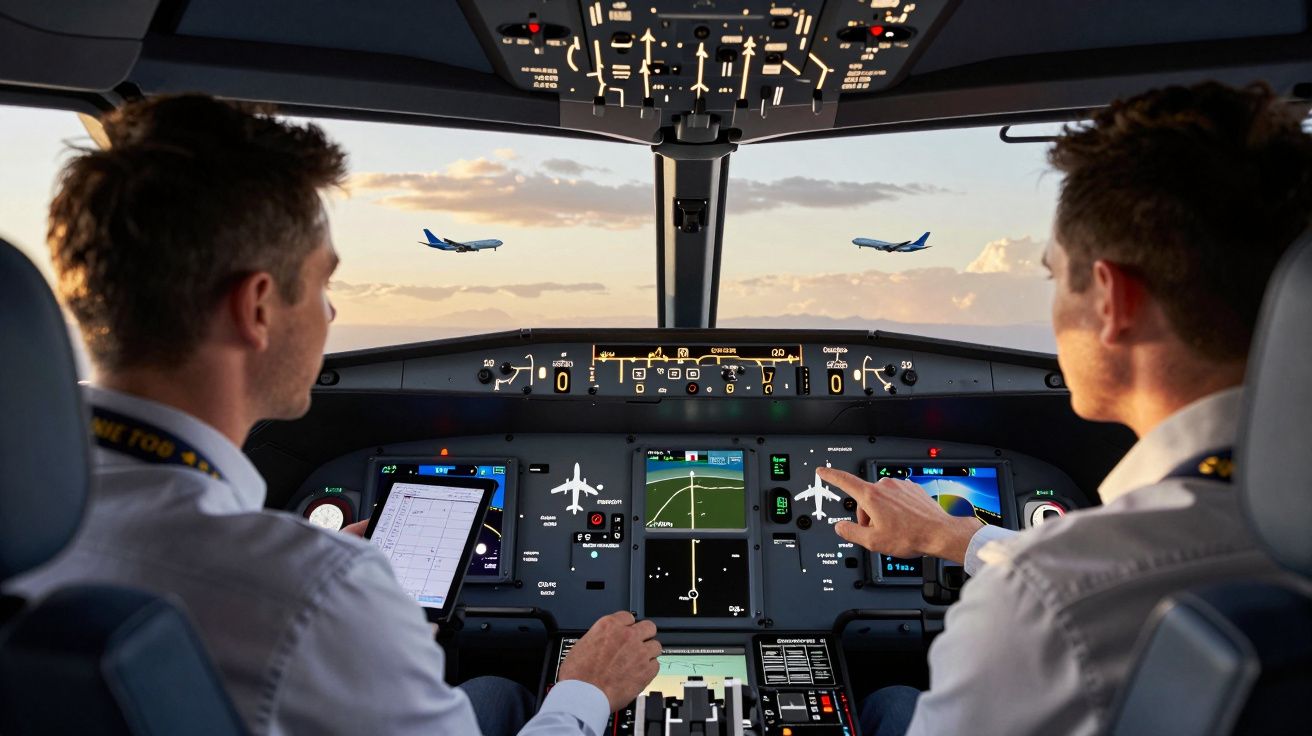 Doi piloți într-o cabină de avion, verificând instrumentele de zbor, în timp ce un avion se vede prin parbriz.