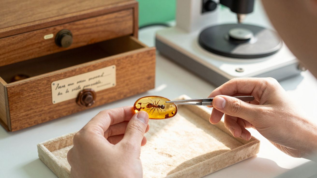 Persoană ținând chihlimbar cu insectă fosilizată, lângă microscop și un dulap de lemn deschis.