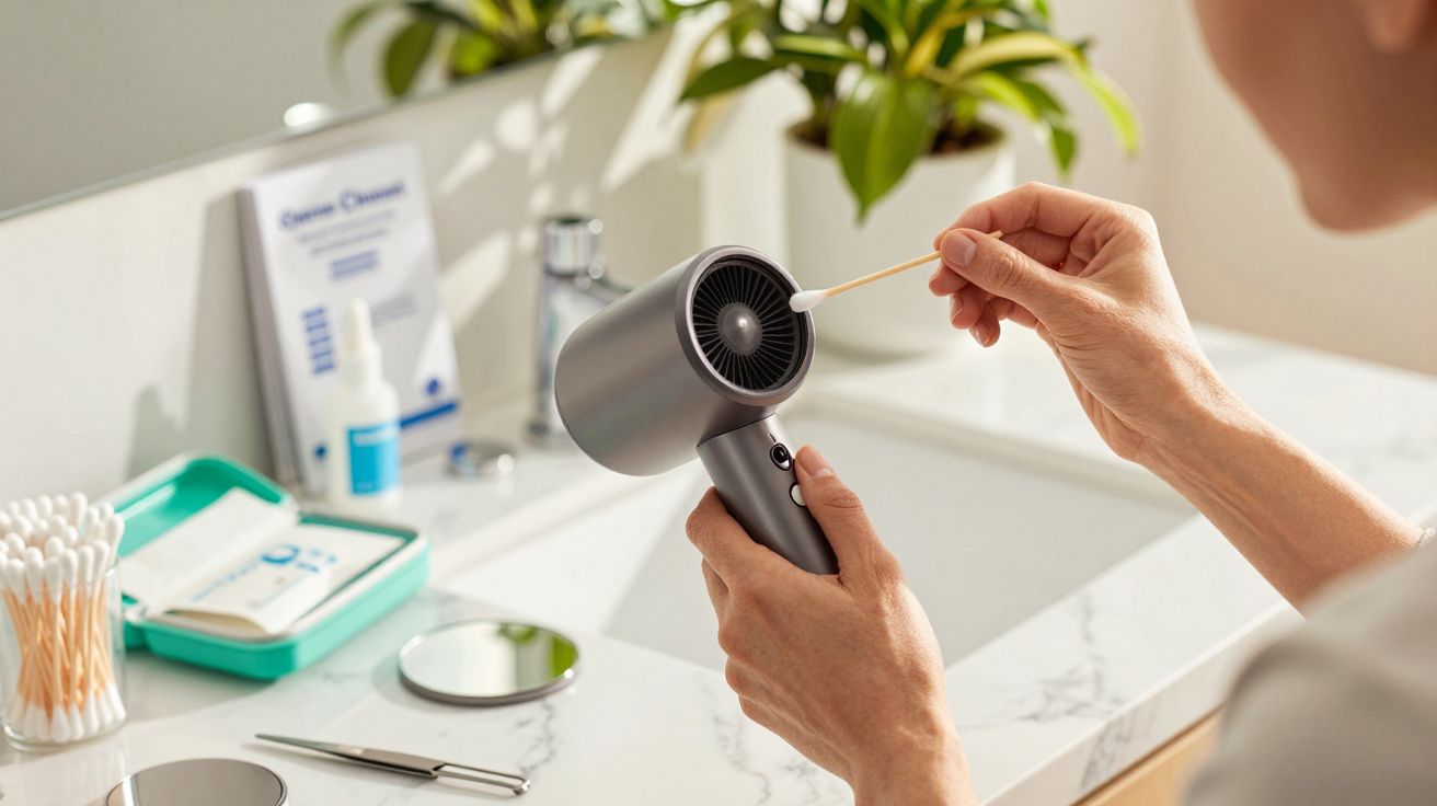 Persoană curăță un uscător de păr cu un bețișor de urechi într-o baie modernă cu plante și produse de igienă.