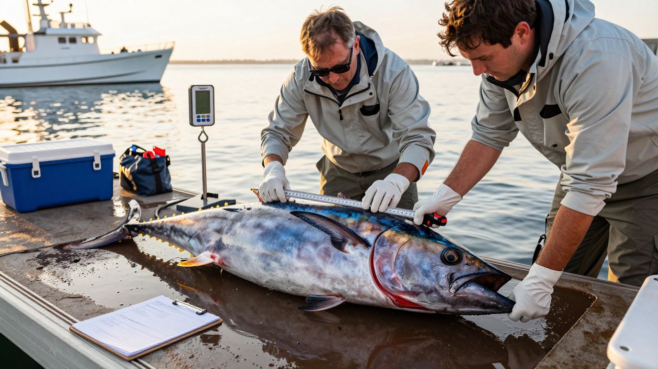 Doi bărbați măsoară un pește mare pe un debarcader, cu o barcă în fundal, în lumina dimineții.