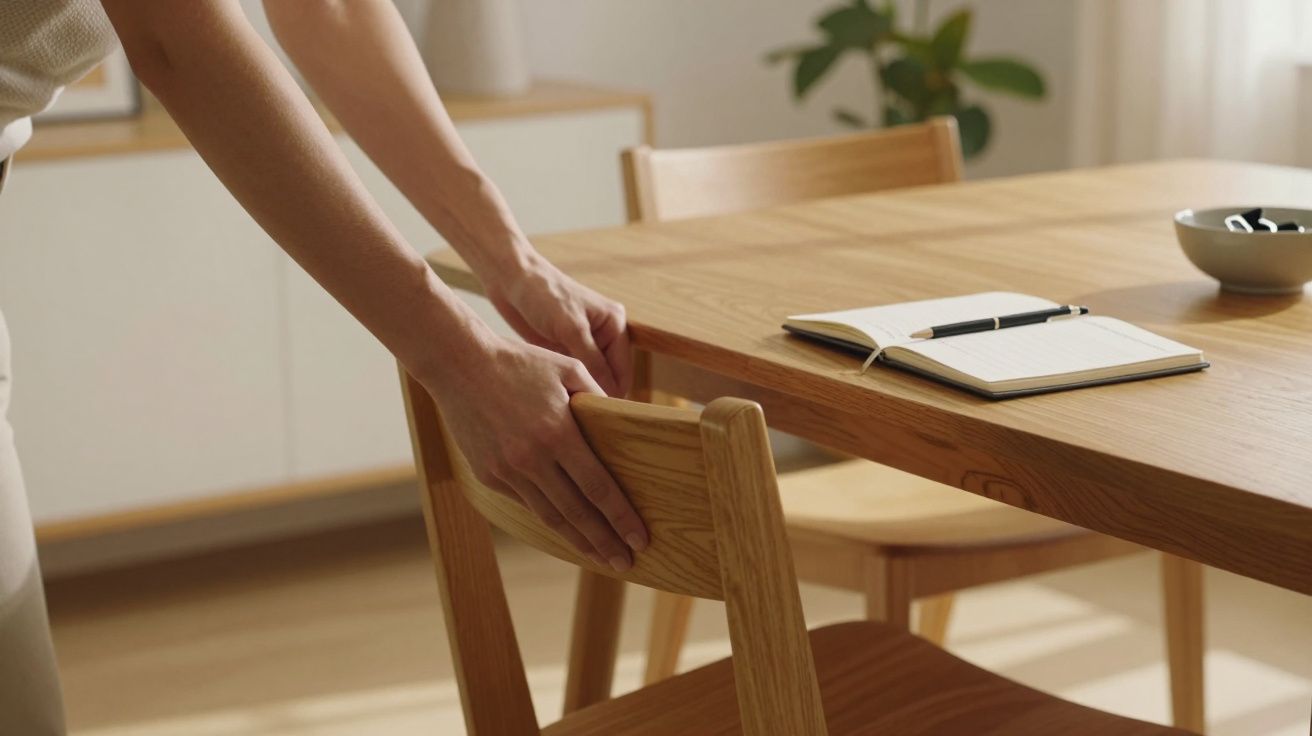 Persoană ajustând un scaun din lemn lângă o masă cu un caiet și un bol în lumina naturală.