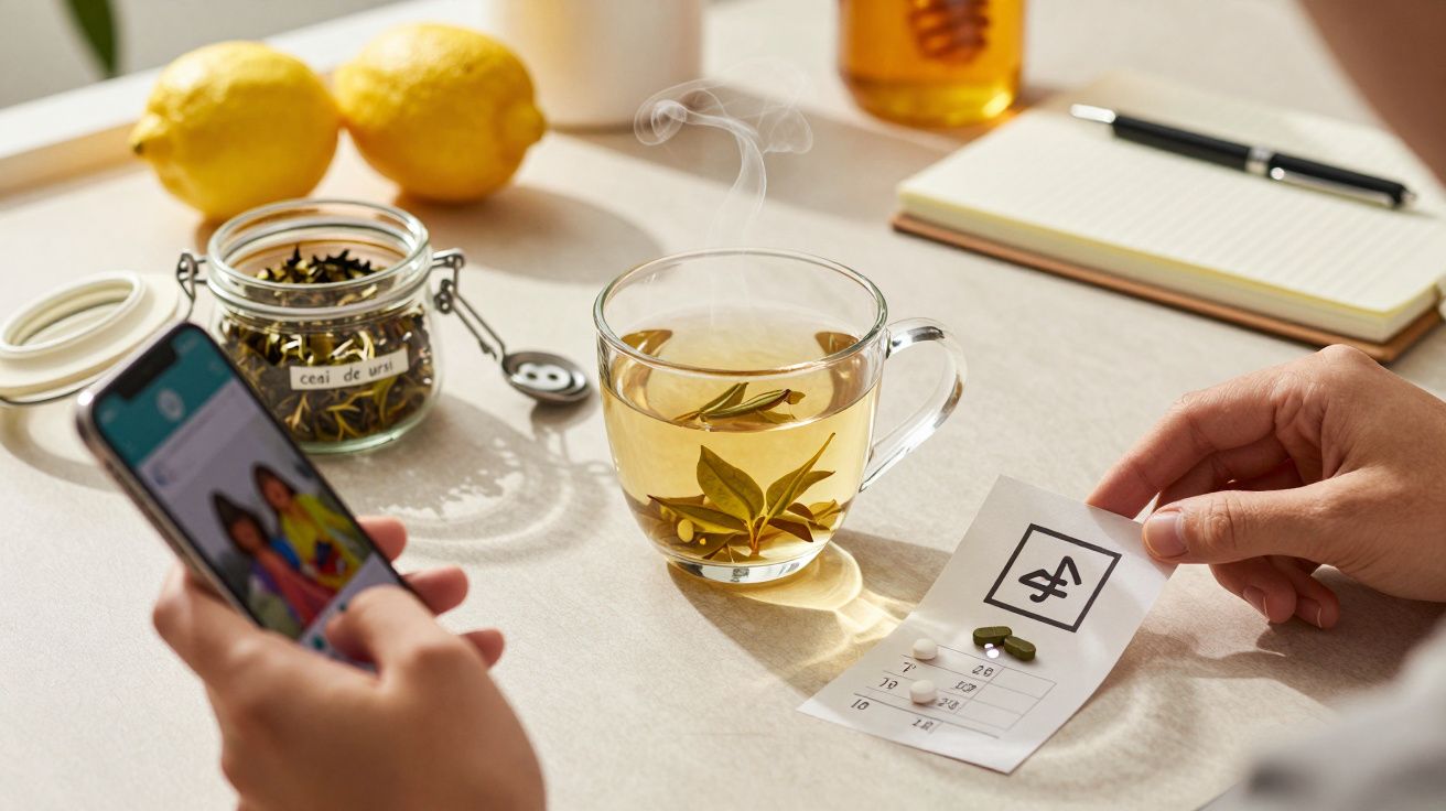 Ceai fierbinte cu frunze într-o ceașcă, două lămâi, pastile pe o notiță și un telefon ținut în mână.