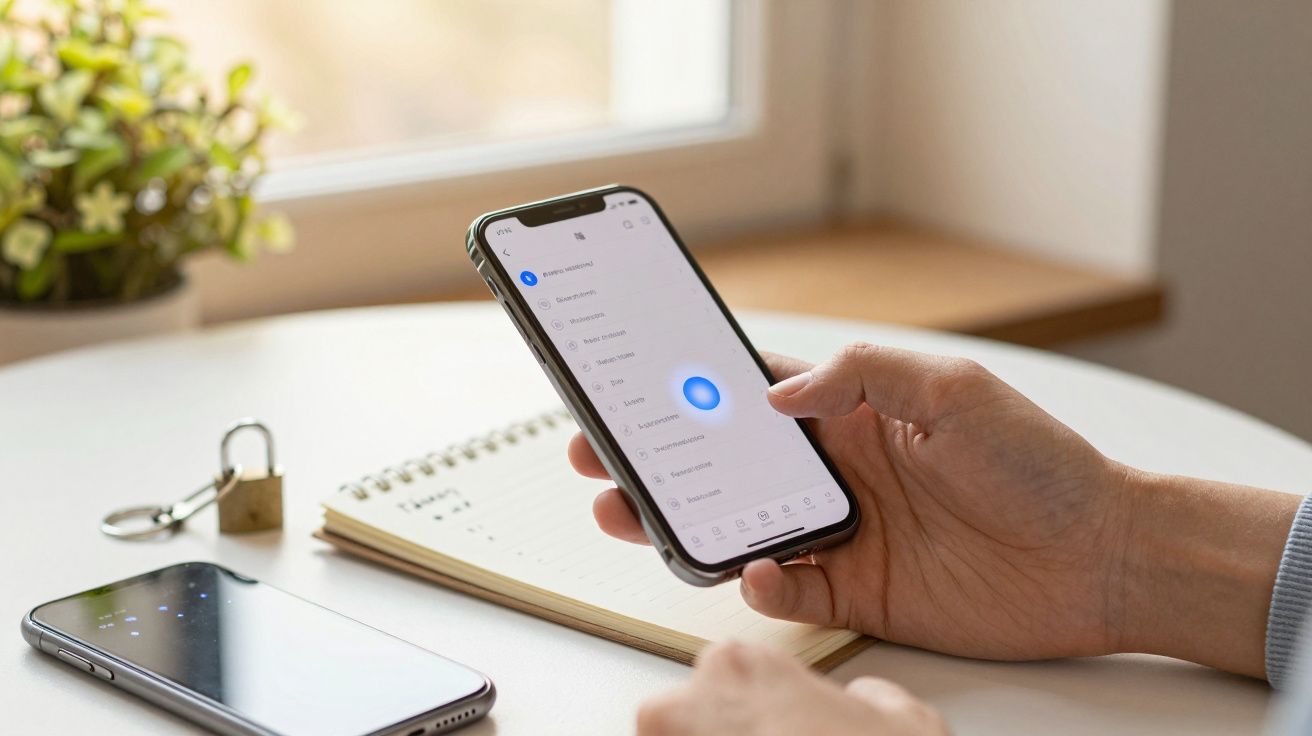 O persoană ținând un smartphone, navigând prin setări, pe un birou cu un caiet și un alt telefon.