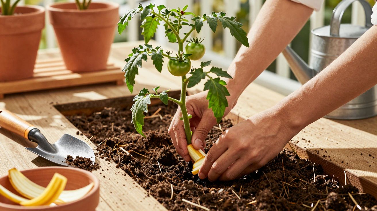 Mâini plantează o plantă de roșii în ghiveci, înconjurată de unelte de grădinărit și stropitoare.