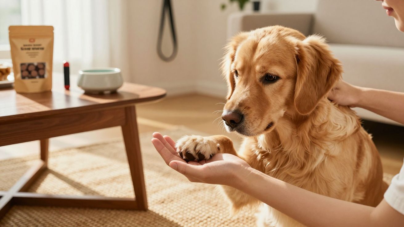 Câine Golden Retriever își pune laba în palma unei persoane într-o cameră de zi luminoasă.