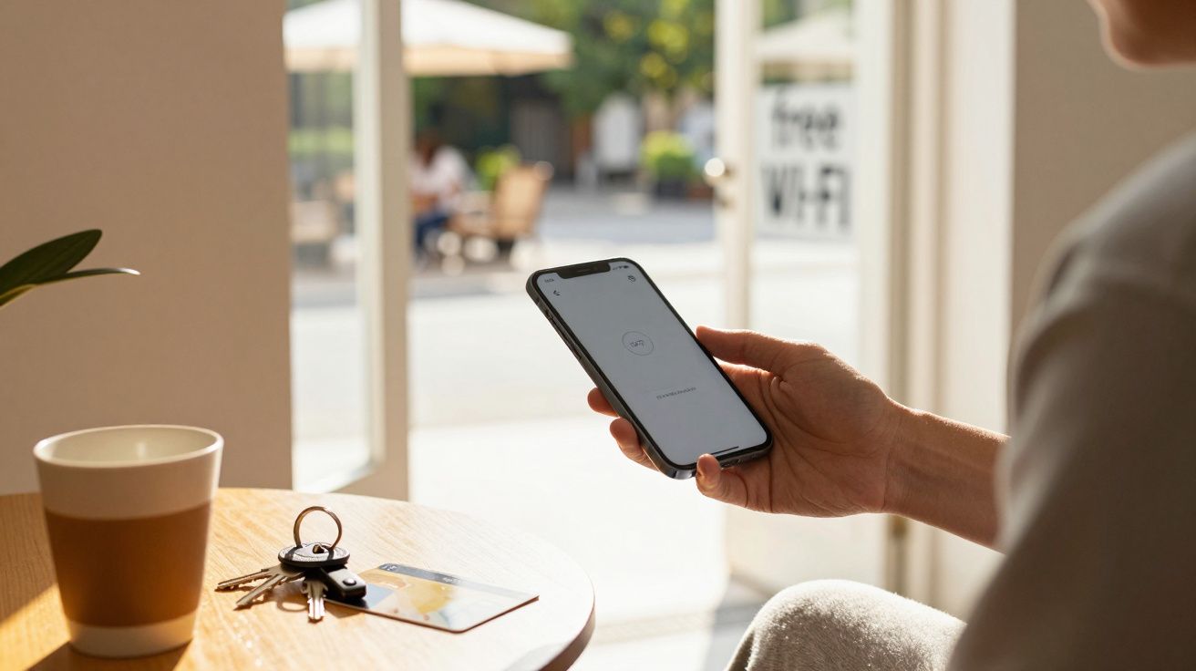 Persoană ținând un smartphone cu ecran albut vizibil, lângă o ceașcă și chei, într-un cafenea luminată.