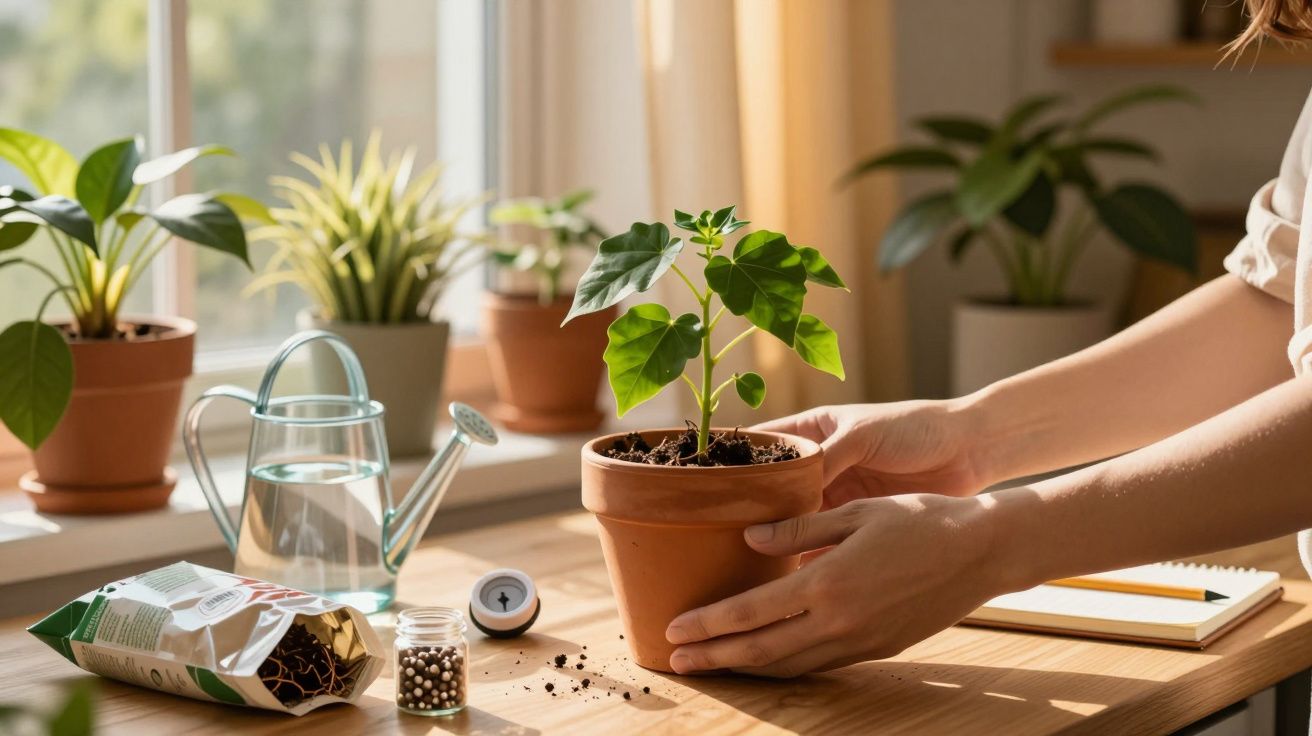 Mâini ținând o plantă în ghiveci, alături de un stropitor și semințe pe o masă, lângă o fereastră însorită.