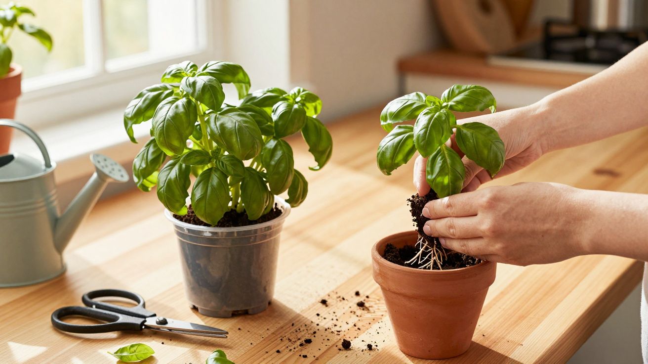 Persoană plantează busuioc într-un ghiveci, alături de o altă plantă și un stropitor pe masă de lemn.