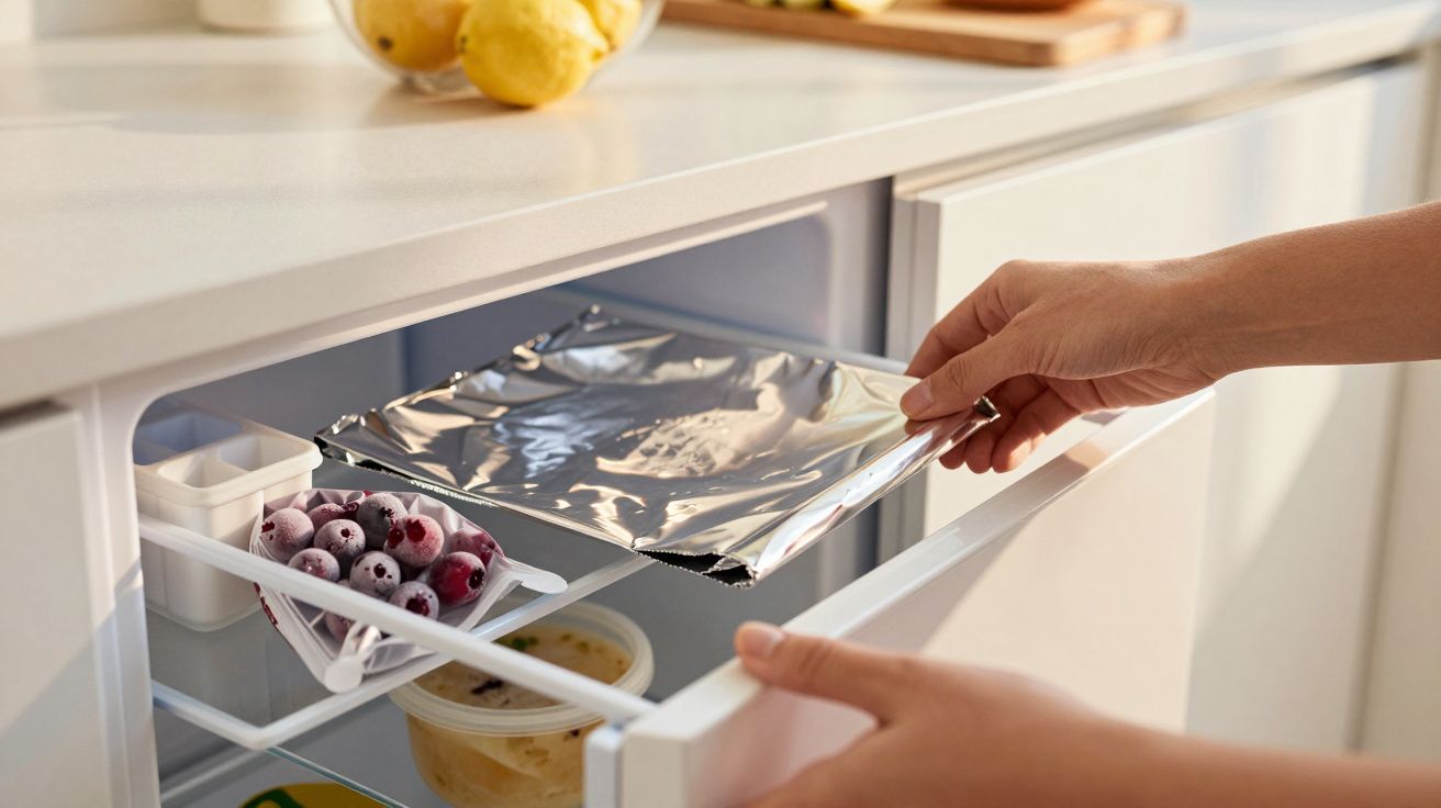 Mână punând pachet acoperit cu folie în sertarul congelatorului cu fructe congelate și iaurt.