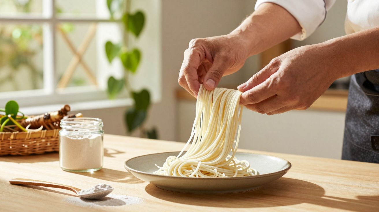 Mâini așezând paste proaspete pe o farfurie, alături de un borcan cu făină, pe un blat de lemn.