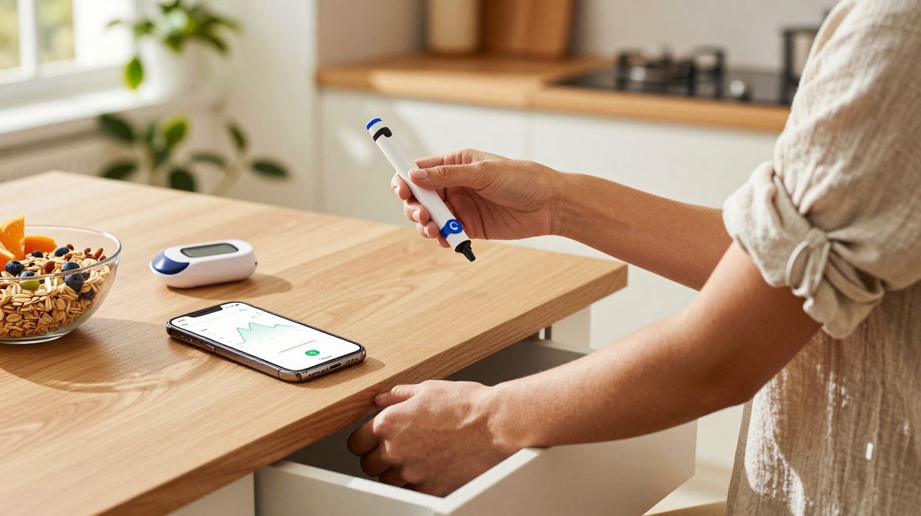 Persoană folosind un stilou de insulină lângă un telefon cu grafic, pe masă un bol cu muesli și un glucometru.
