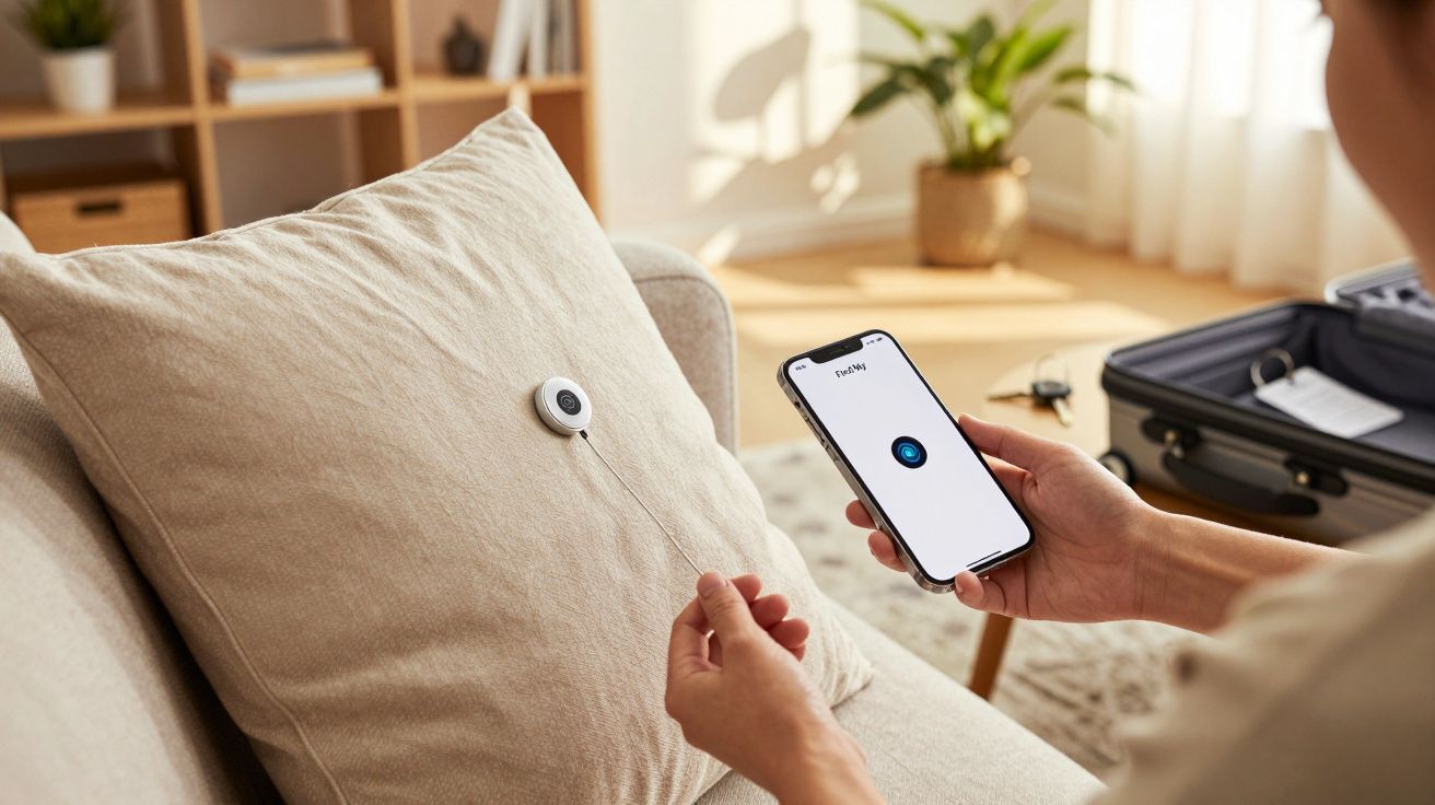 Persoană folosind un smartphone pentru a configura un dispozitiv mic pe o pernă, într-o cameră de zi luminoasă.