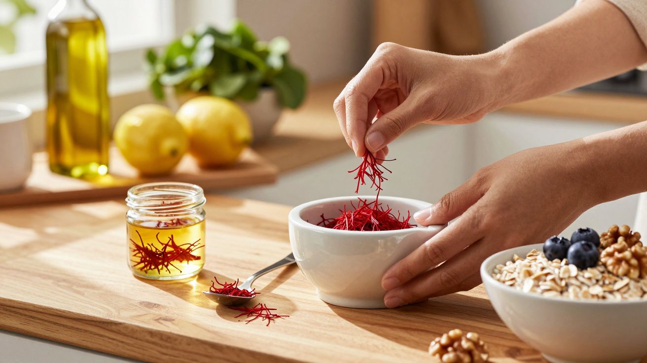 Mână adăugând șofran într-un bol în bucătărie, lângă lămâi, ulei de măsline și un alt bol cu nuci și cereale.