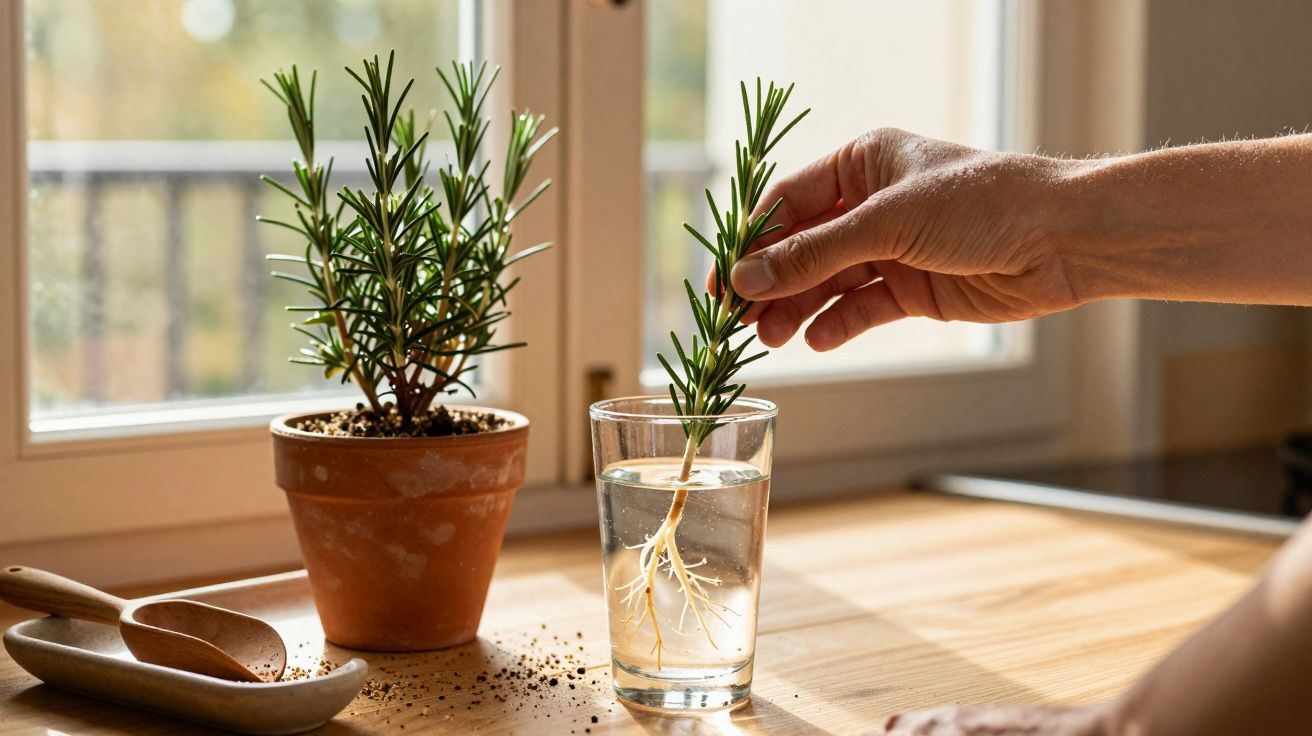O mână pune o ramură de rozmarin cu rădăcini într-un pahar cu apă lângă un ghiveci pe o masă de lemn.