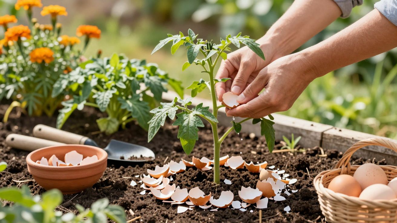 Persoană aranjând coji de ouă în jurul unei plante de roșii în grădină; unelte și flori galbene pe fundal.