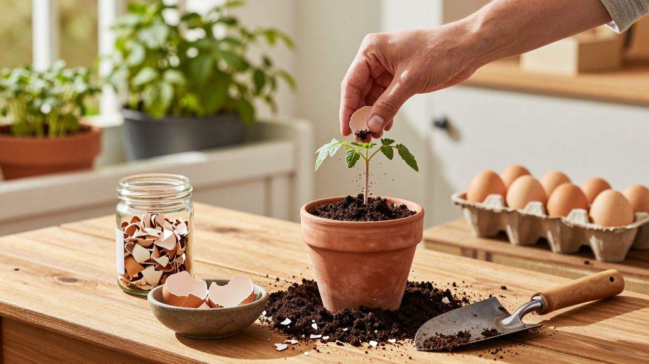Mână plantează răsad în ghiveci pe masă, cu coji de ouă și tavă cu ouă lângă, șpaclă murdară de pământ.
