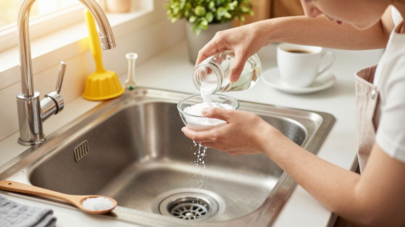 Persoană toarnă bicarbonat de sodiu în chiuvetă pentru curățare, într-o bucătărie luminoasă.