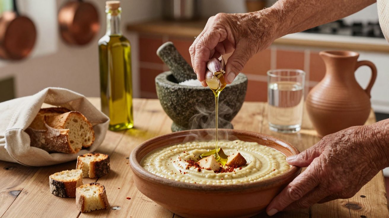 Mâini vârstnice turnând ulei de măsline peste un castron de supă aburindă, pe o masă cu pâine și ustensile de bucătărie.