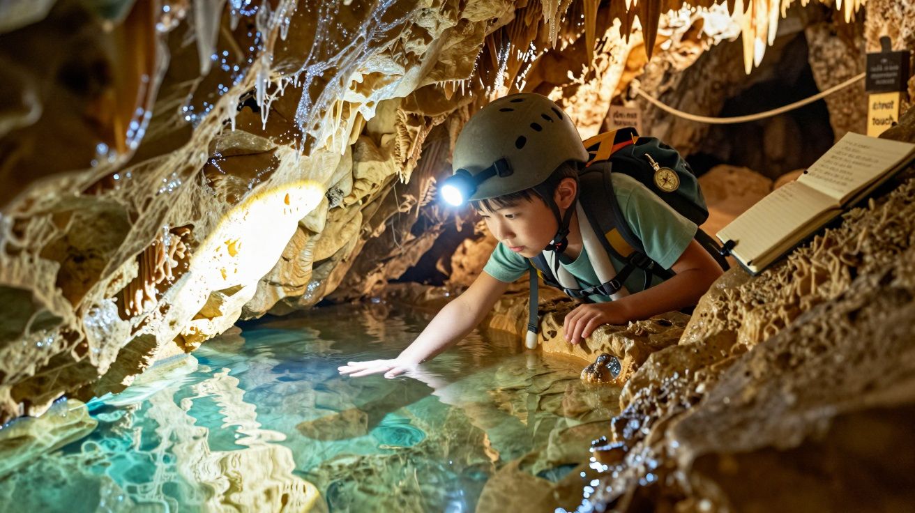 Un copil cu cască și lanternă explorează o peșteră, atingând apa limpede într-o grotă iluminată natural.