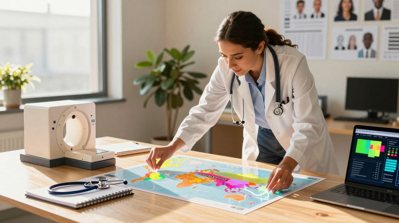 Medic analizând o hartă la un birou, cu stetoscop și laptop în jur.