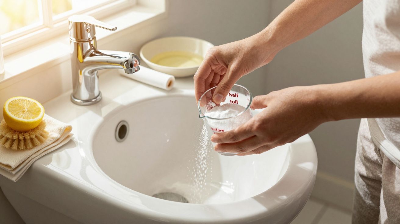 Persoană varsă apă și bicarbonat de sodiu într-un chiuvetă albă, lângă un robinet cromat și o felie de lămâie.
