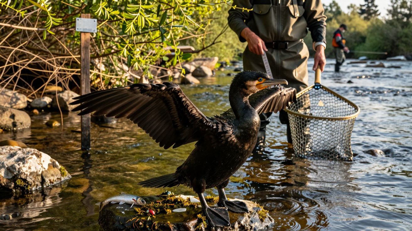 Cormoran pe râu, aripile întinse, lângă un pescar cu minciog, în fundal vegetație și pietre.