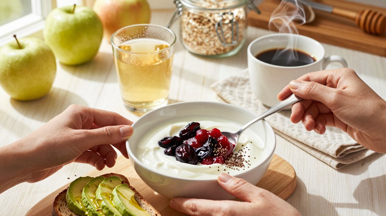 Mic dejun cu iaurt, fructe, pâine cu avocado, mere, suc de mere și cafea pe masă, în lumina soarelui.