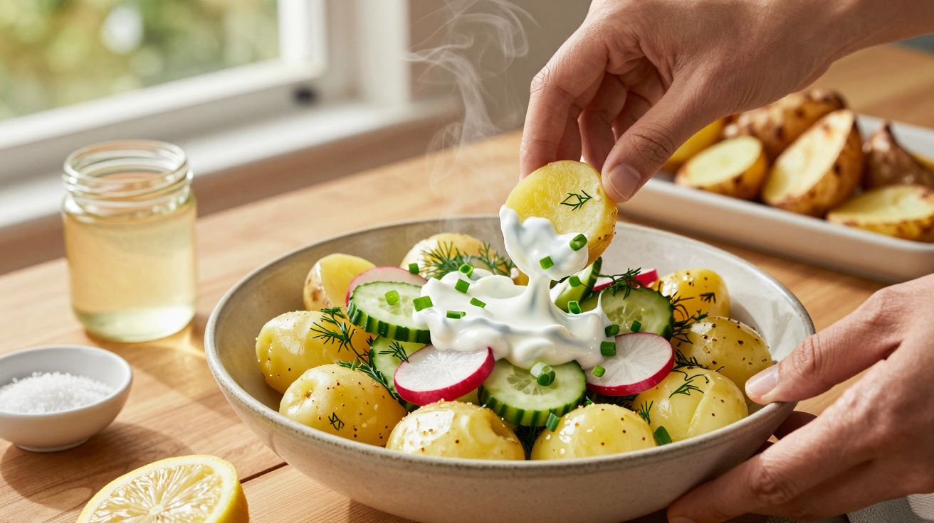 Salată de cartofi cu ridichi, castraveți, mărar și smântână, pe masă de lemn, mână așezând cartof în bol.