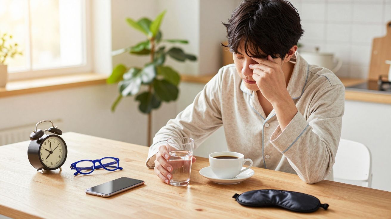Bărbat obosit în pijamale, la o masă, ținând un pahar cu apă. Pe masă sunt o ceașcă de cafea, ceas, ochelari și telefon.