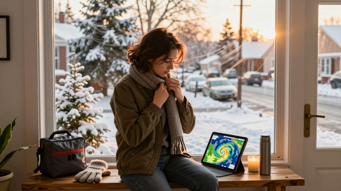 Persoană stând pe bancă lângă fereastră iarna, cu tabletă afișând hartă meteo, lumânare și termos.