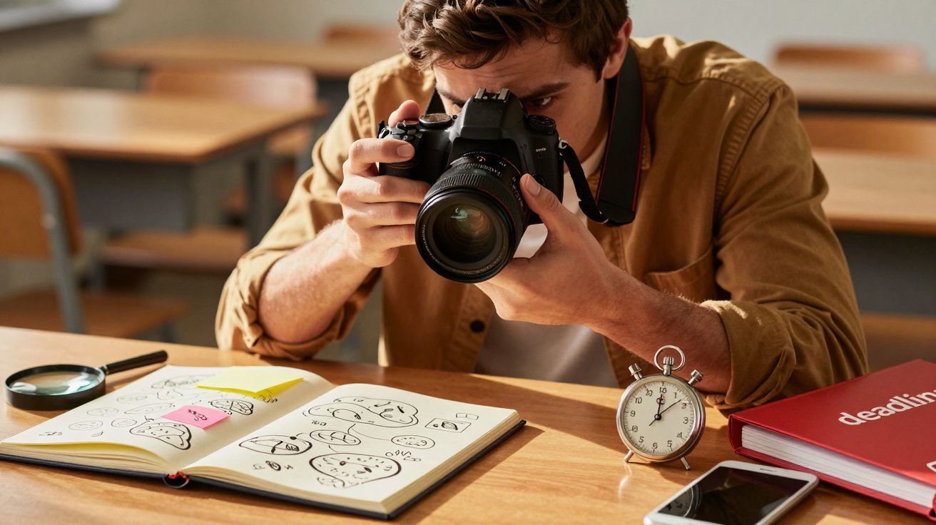 Bărbat fotografiază schițe în clasă, cu aparat foto, ceas pe masă și telefon mobil.