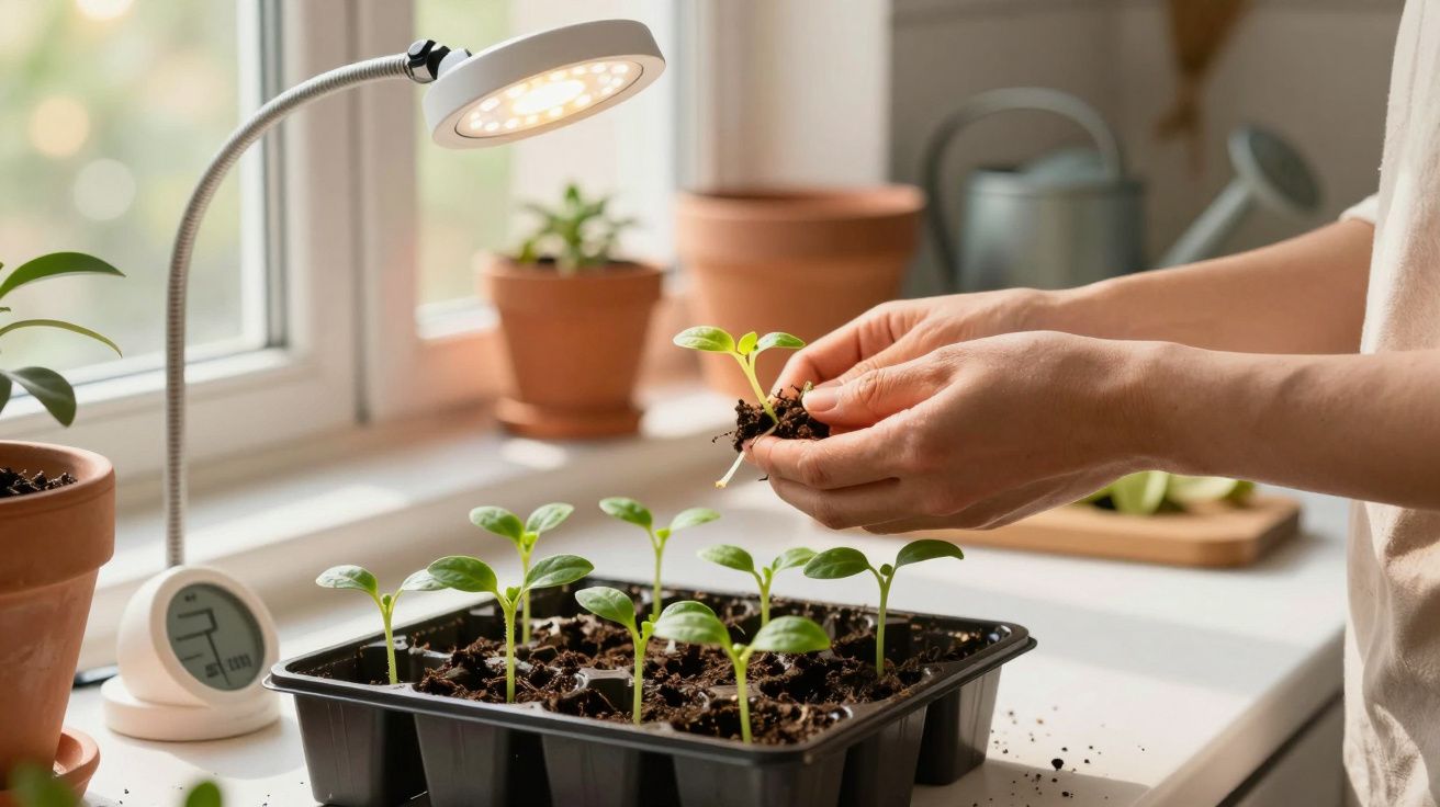 Mâini ținând o plăntuță lângă o lampă de creștere, cu răsaduri în tăviță pe un pervaz luminos.