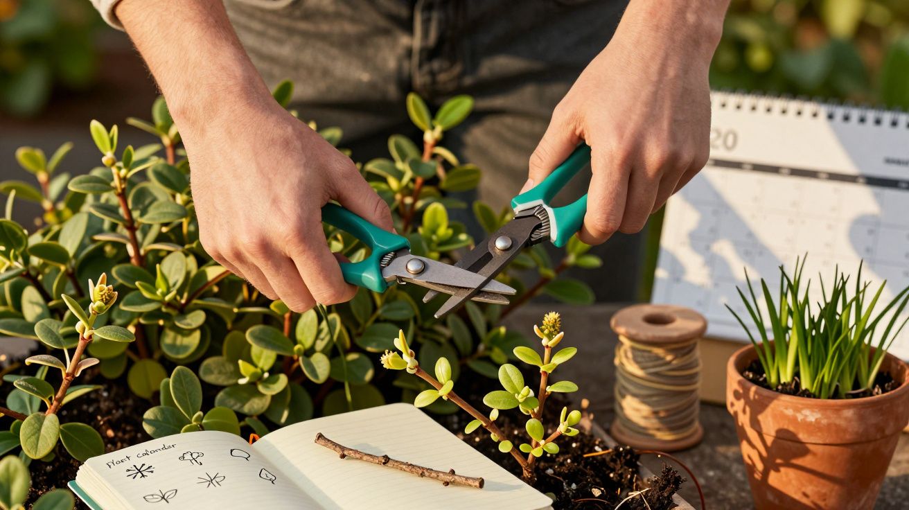 Persoană taie tulpinile plantelor cu foarfece de grădinărit, cu agendă, sfoară și ghivece în fundal.