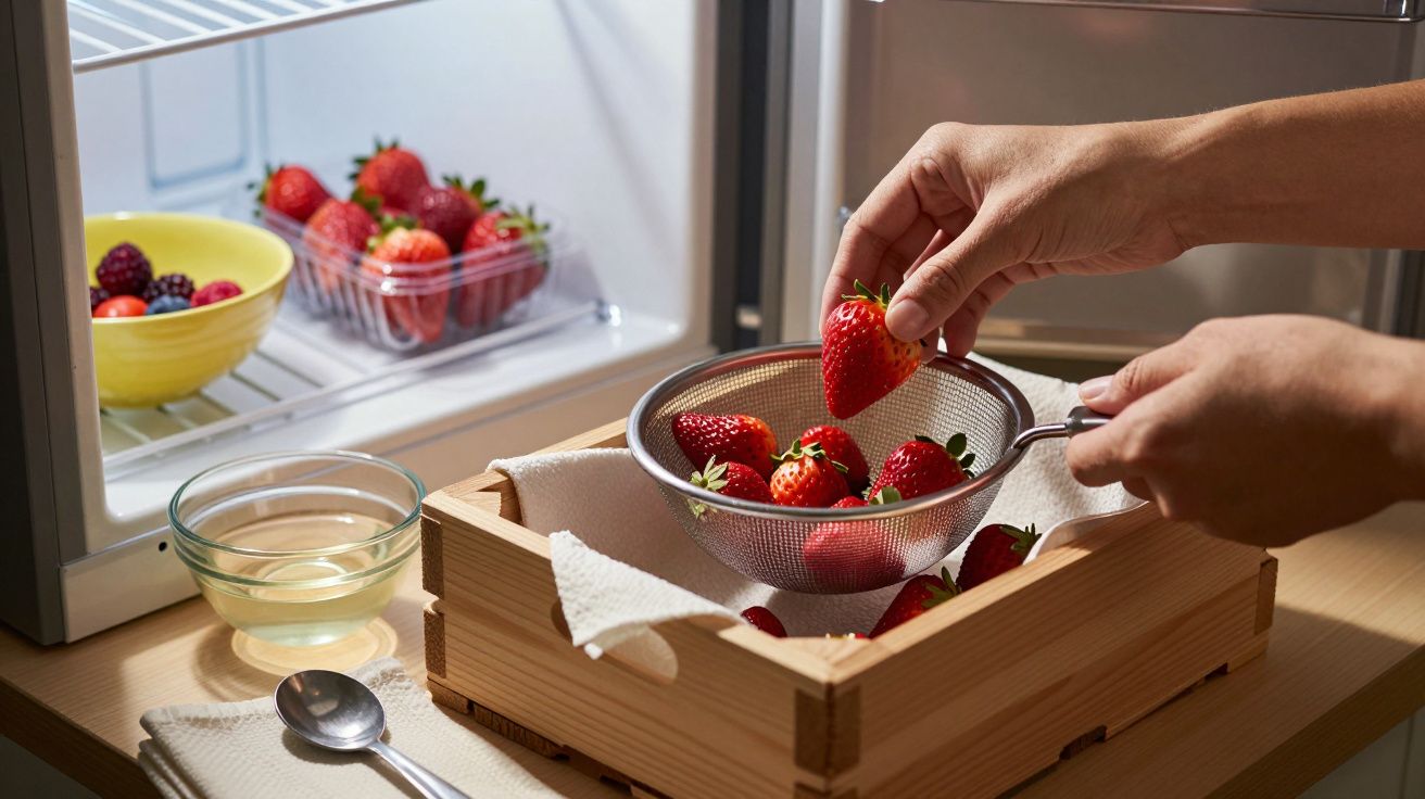 Mâini punând căpșuni proaspete într-o strecurătoare de metal lângă un frigider deschis cu fructe.
