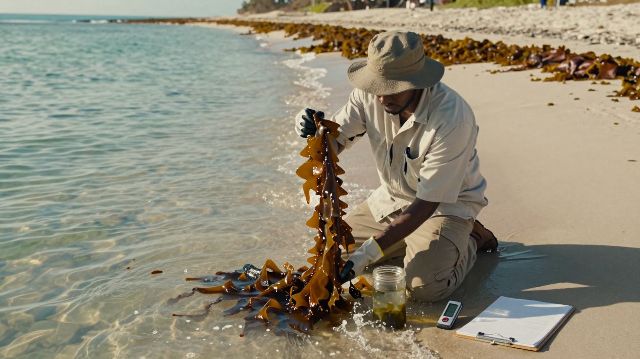 Bărbat studiază algele pe plajă, ținând o plantă mare în mâini. Alături sunt un recipient și o planșetă cu notițe.