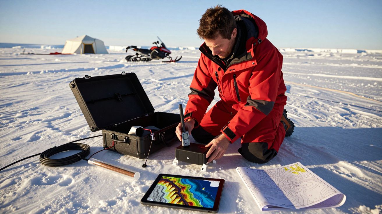 Cercetător în echipament roșu studiază date geologice pe zăpadă, cu tableta și hărți, lângă o sanie.